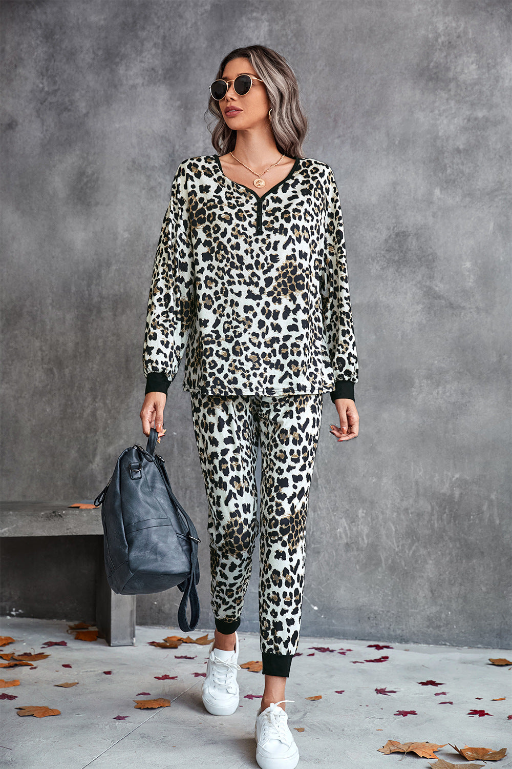 Leopard V-Neck Dropped Shoulder Loungewear Set